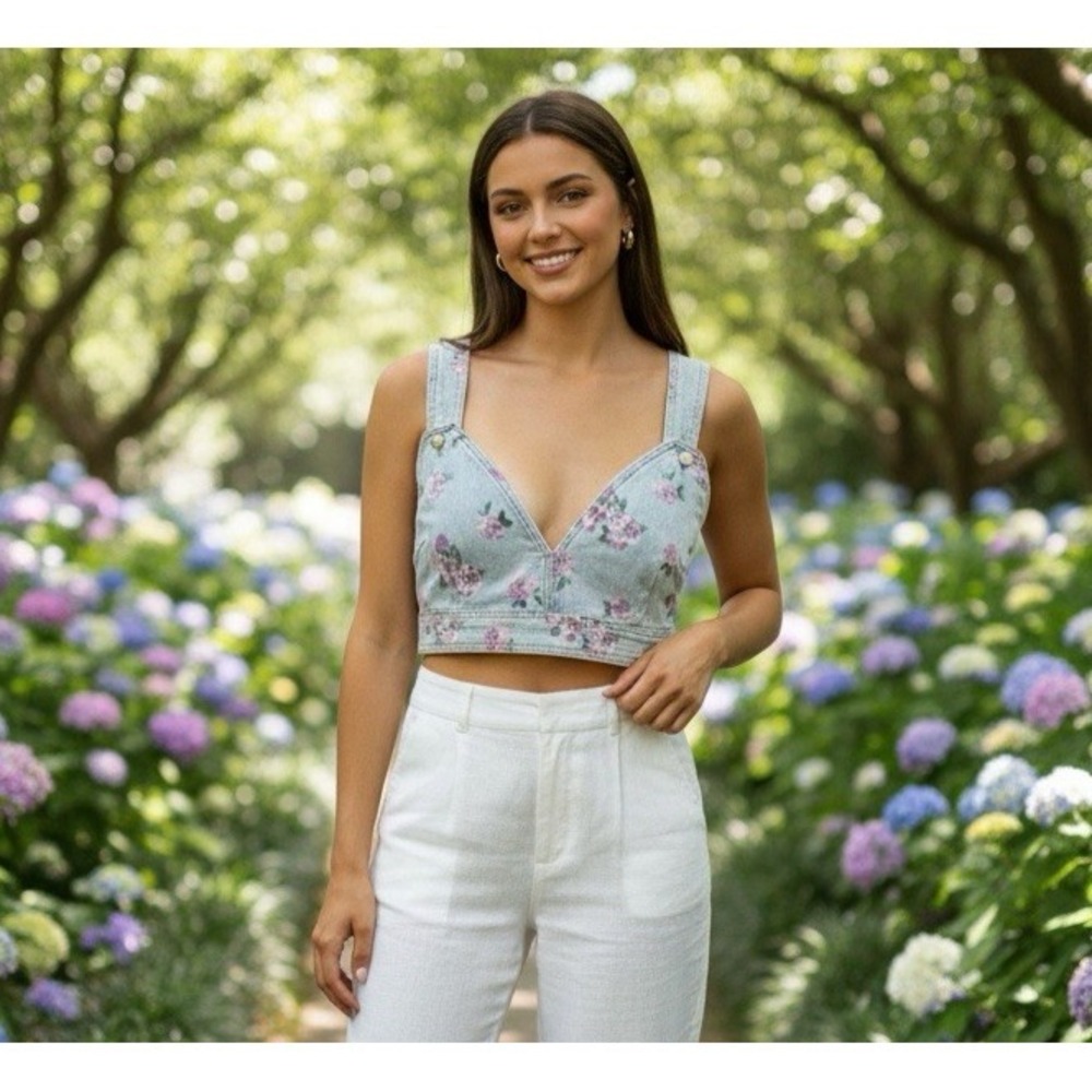 New Wild Fable Womens Size XXL Floral Denim Crop Top Boho Country Summer Spring